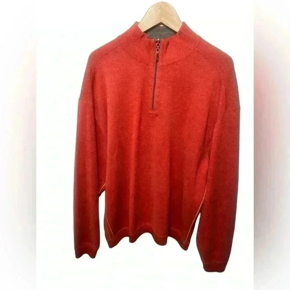Tommy Bahama Sweater Mens L Orange Heather 1/4 Zip Pullover Reversible Brown - Picture 1 of 9